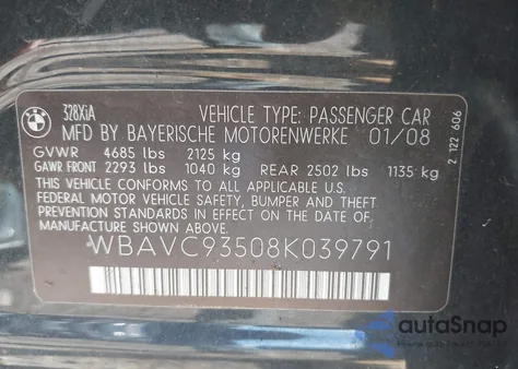 2008 BMW 328Xi из США, поврежденный, VIN WBAVC93508K039791